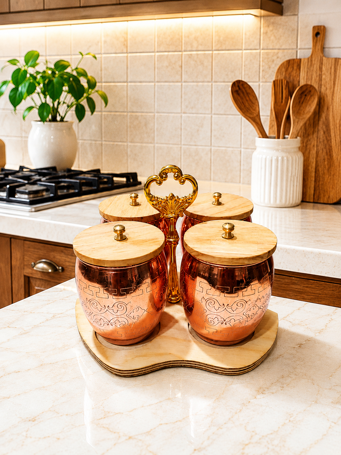 جا ادویه اپل مسی درب چوبی چهارتایی